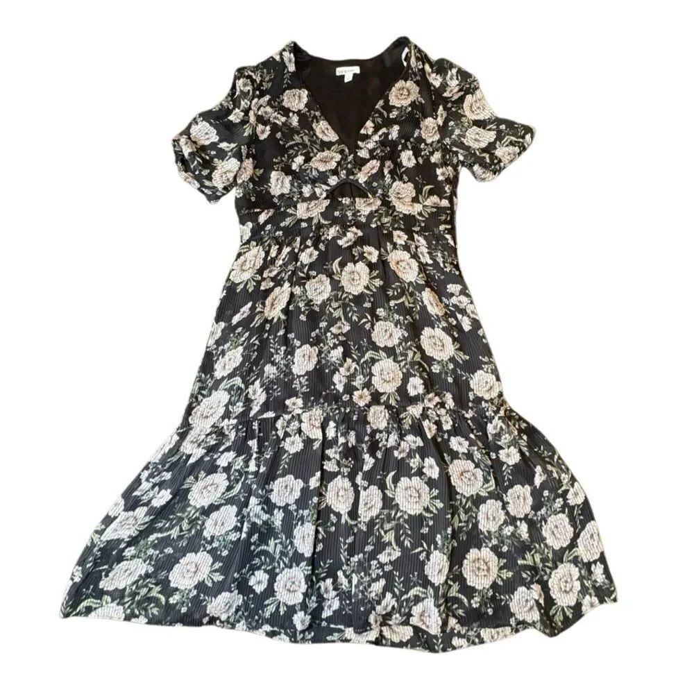 Floral Pleated Midi Dress Black Beige Flower Print Cutout V-Neck Size Bar III  L